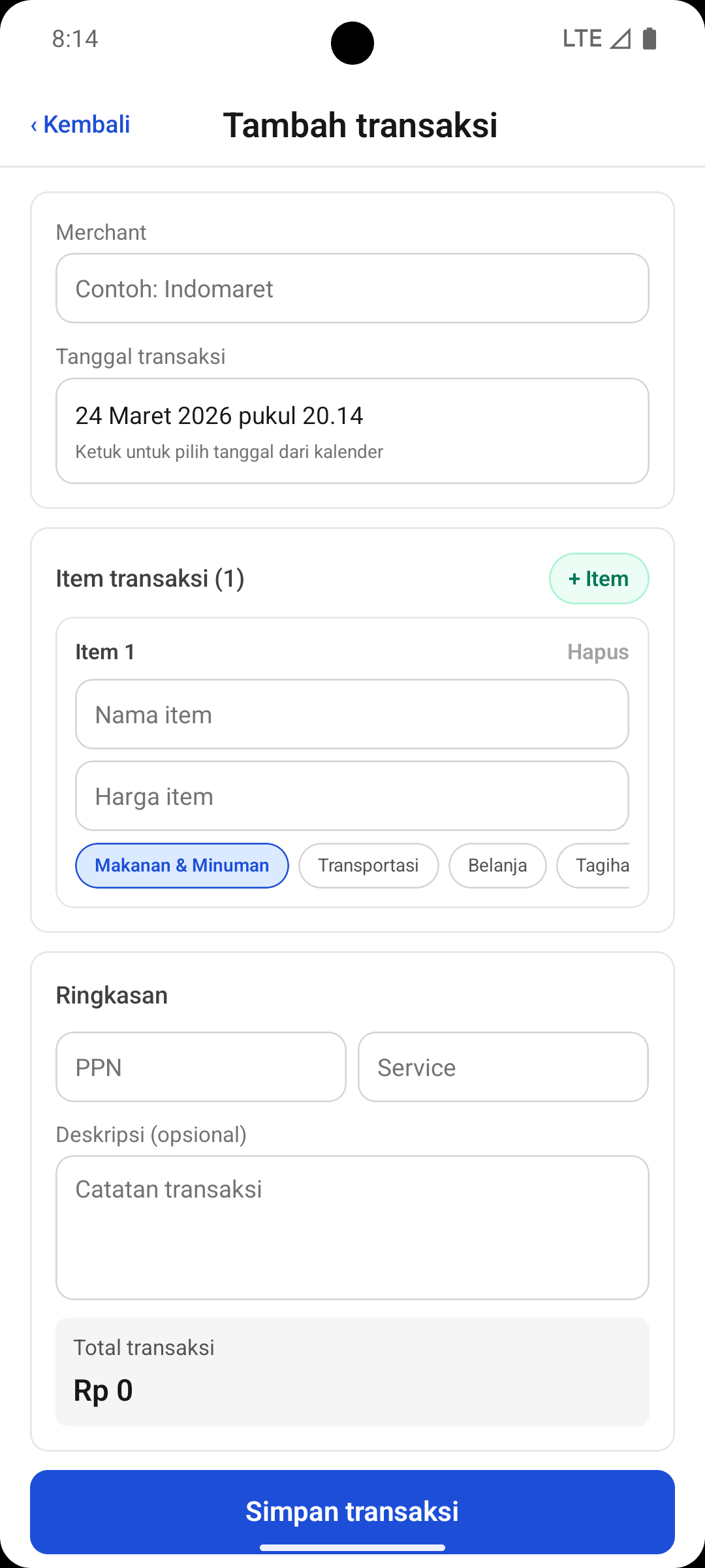 Form tambah transaksi manual