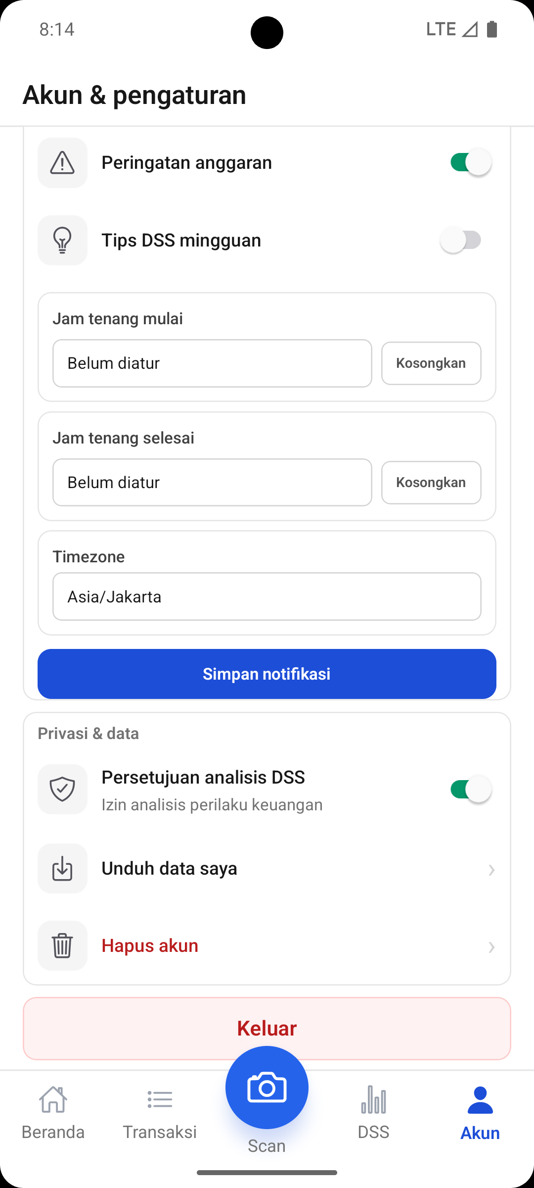 Tombol keluar / logout di halaman akun