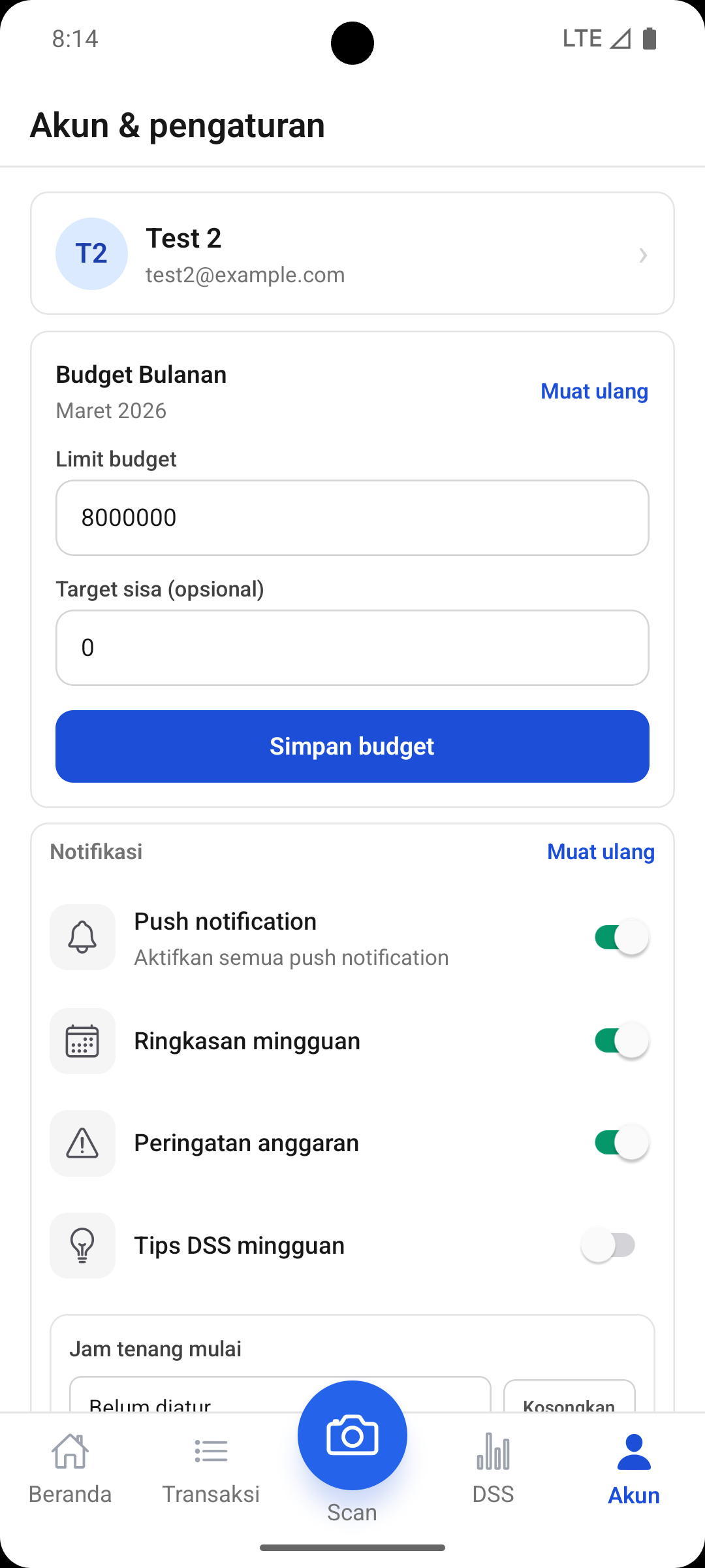 Pengaturan notifikasi Mayarta