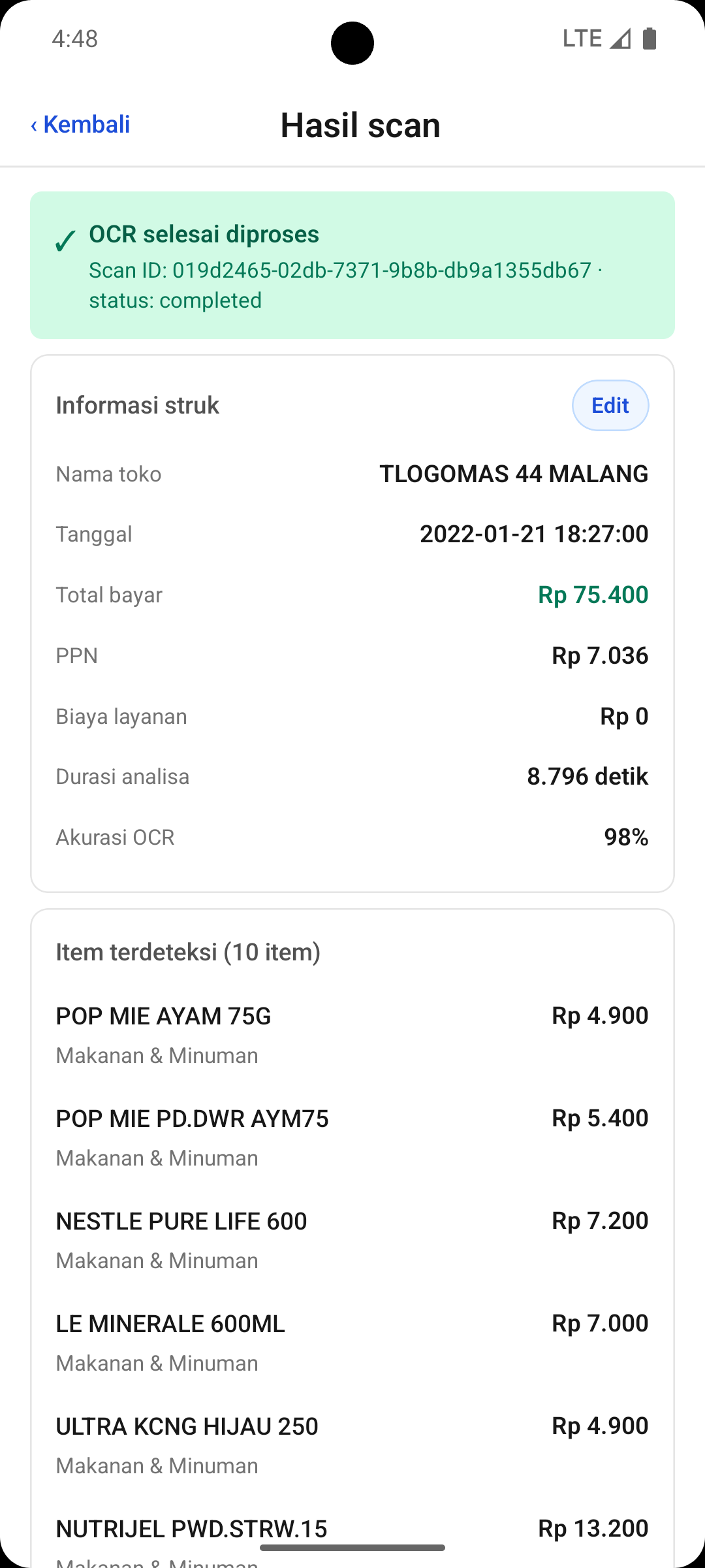 Halaman hasil OCR - status selesai