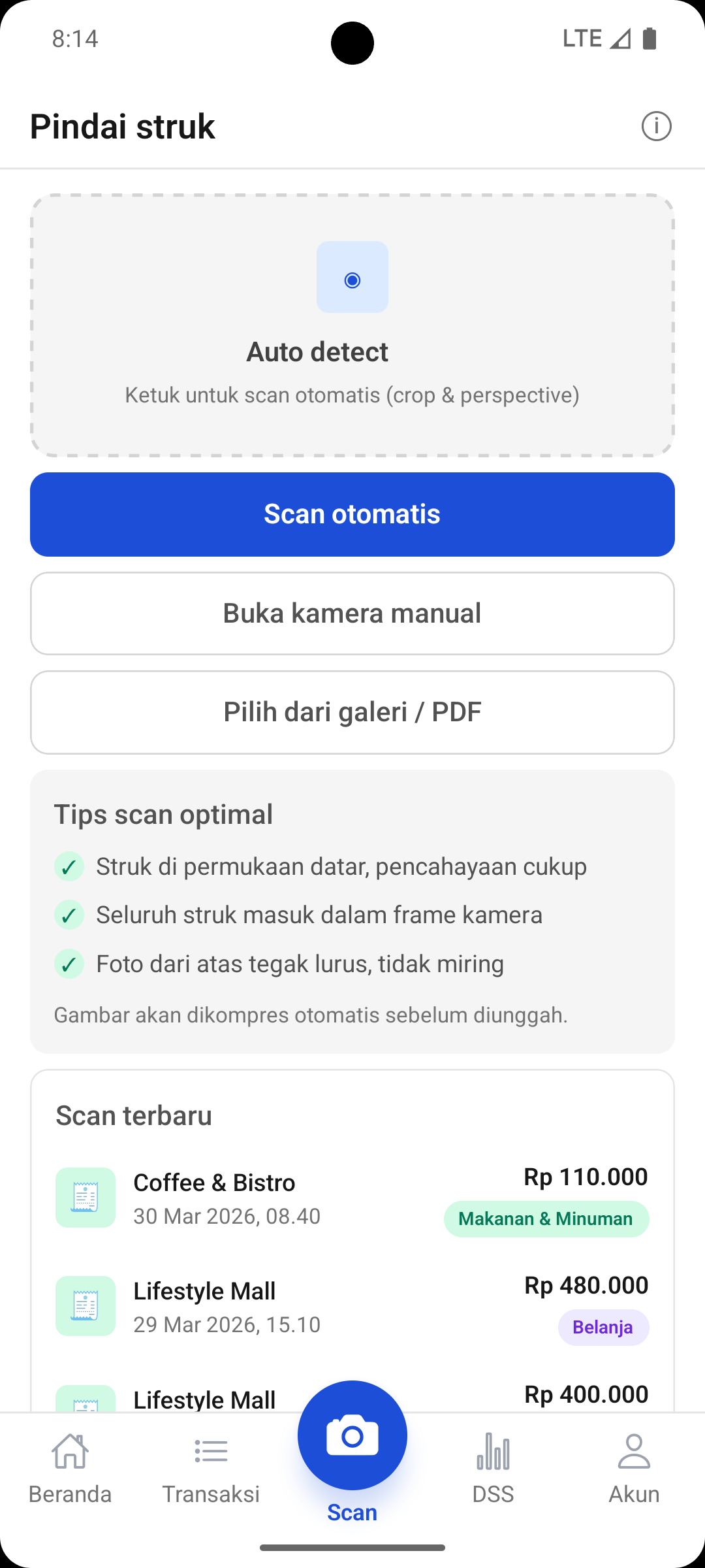 Menu scan struk Mayarta