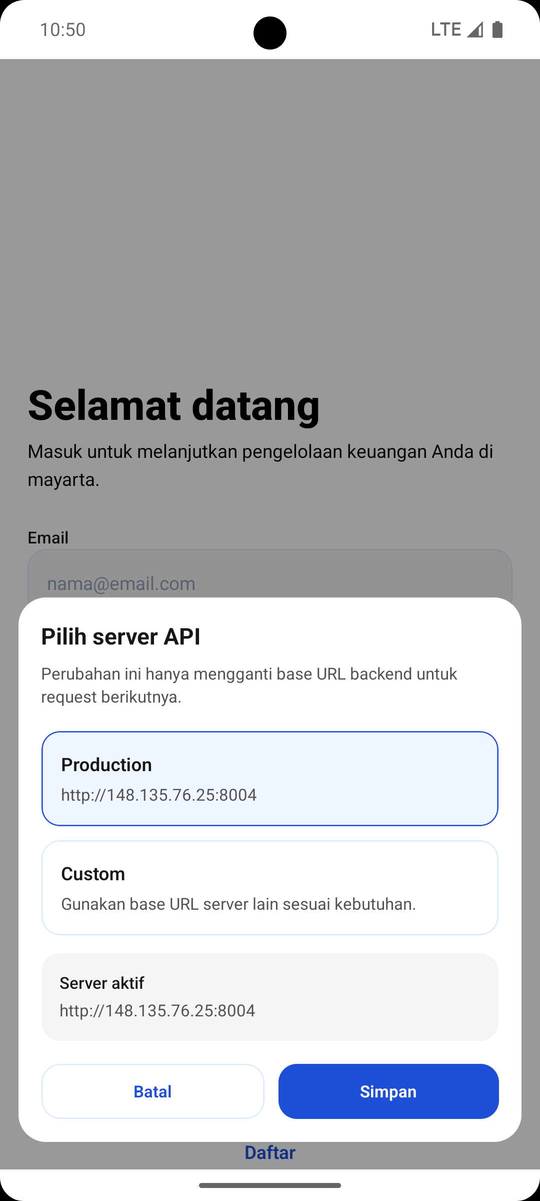 Popup pengaturan server pada halaman login
