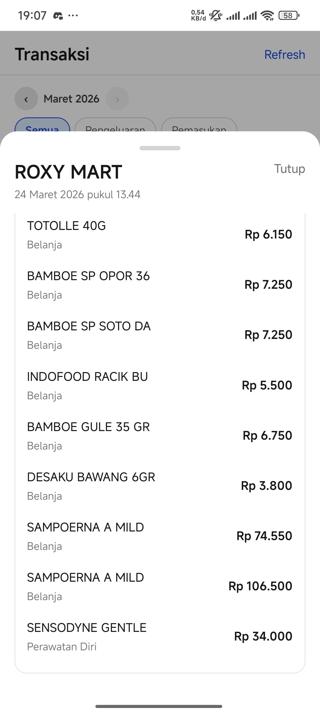 Detail transaksi dalam popup / modal