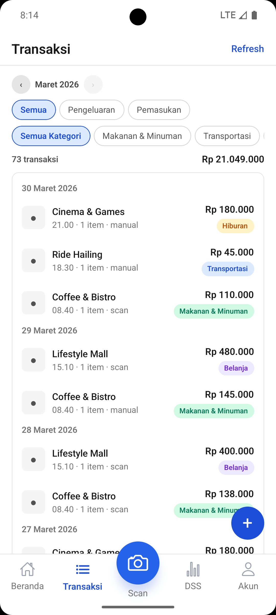 Halaman daftar transaksi Mayarta